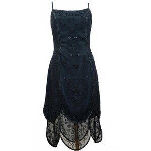 Sue Wong Nocturne Black Beaded Cocktail Dress Size 6 Deco Mesh Hem Vintage